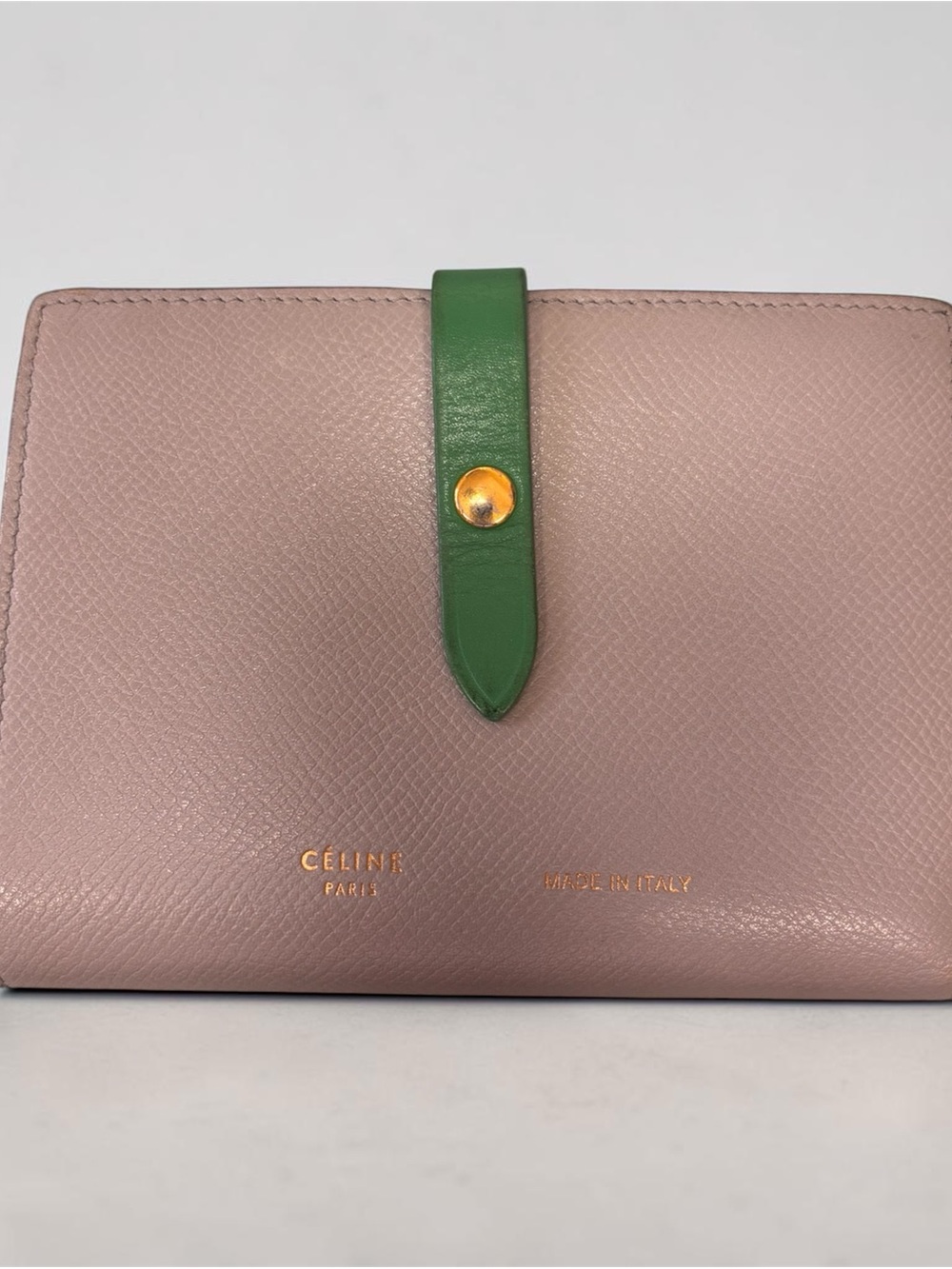 Celine Taupe Wallet with Green Strap and Gold Button - Picture 2 of 5